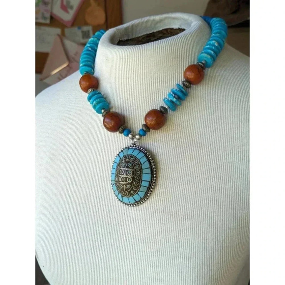 Chunky Wood Metal Bead Tirbal Pendant Necklace Princess Length - Picture 6 of 7